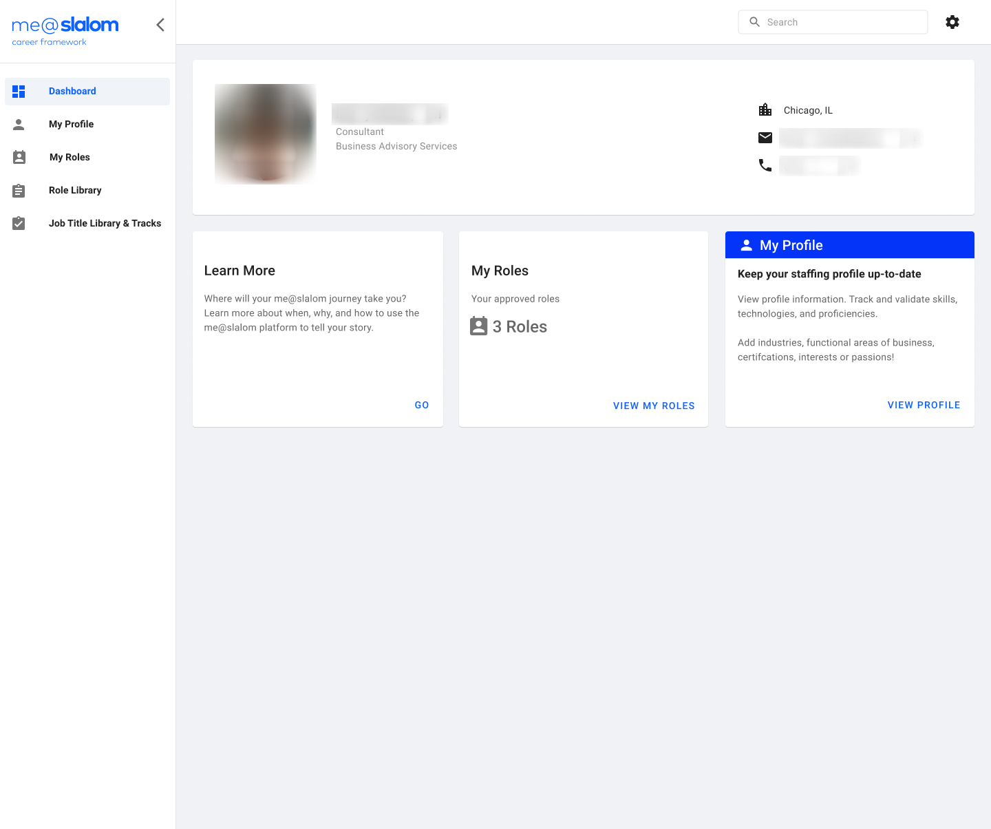 The earlier career-framework dashboard: a profile header and three cards for Learn More, My Roles and My Profile.