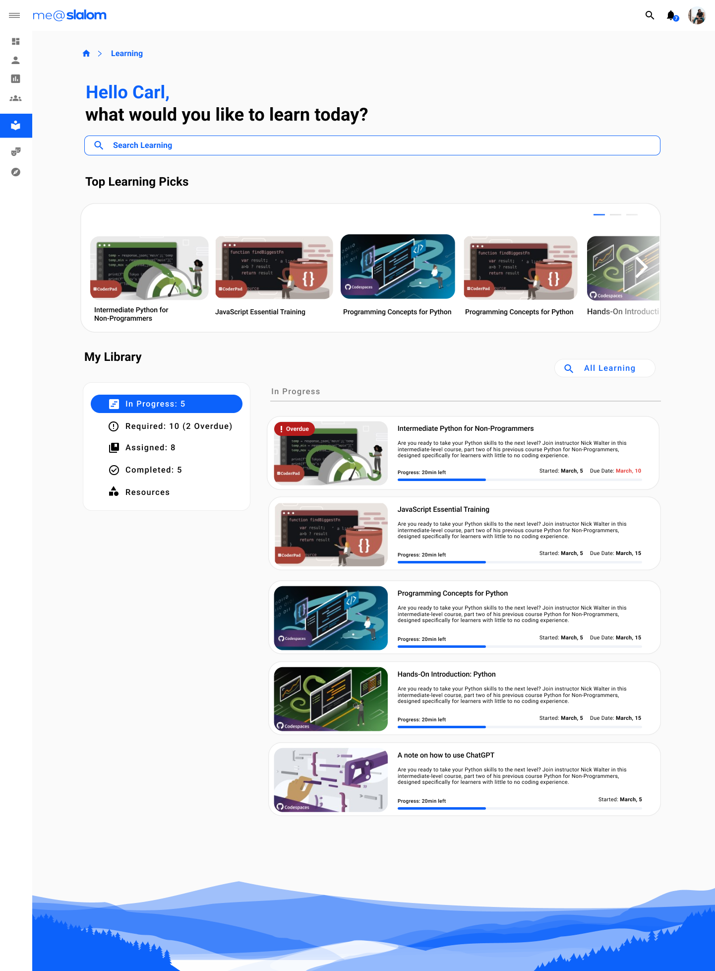 The Learning module: personal greeting, search, top learning picks and a library of in-progress, required and completed courses.