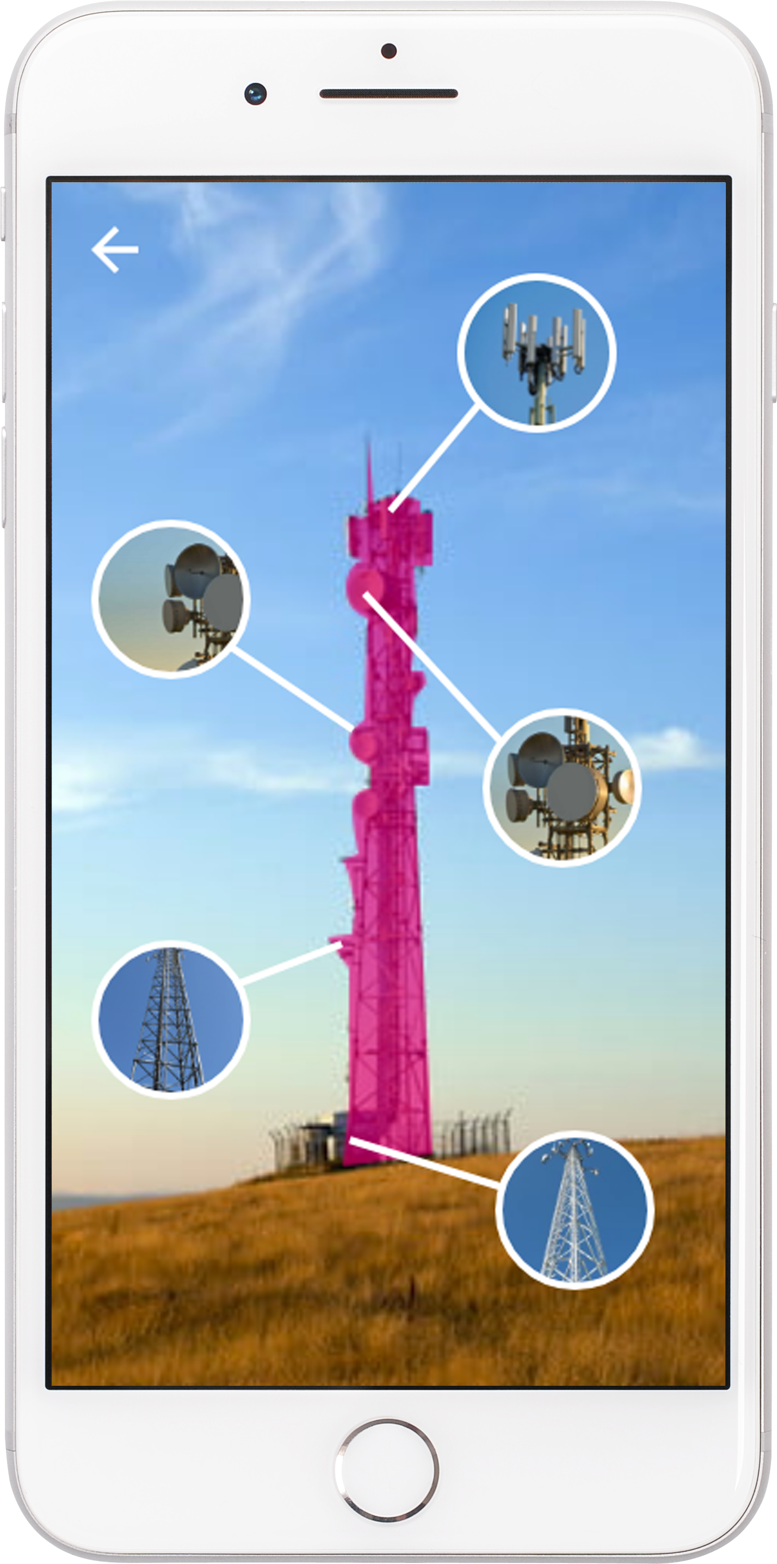 The AR result screen: a cell tower highlighted in magenta with callouts linking each part, from antennas to dishes to the tower base, to its training.