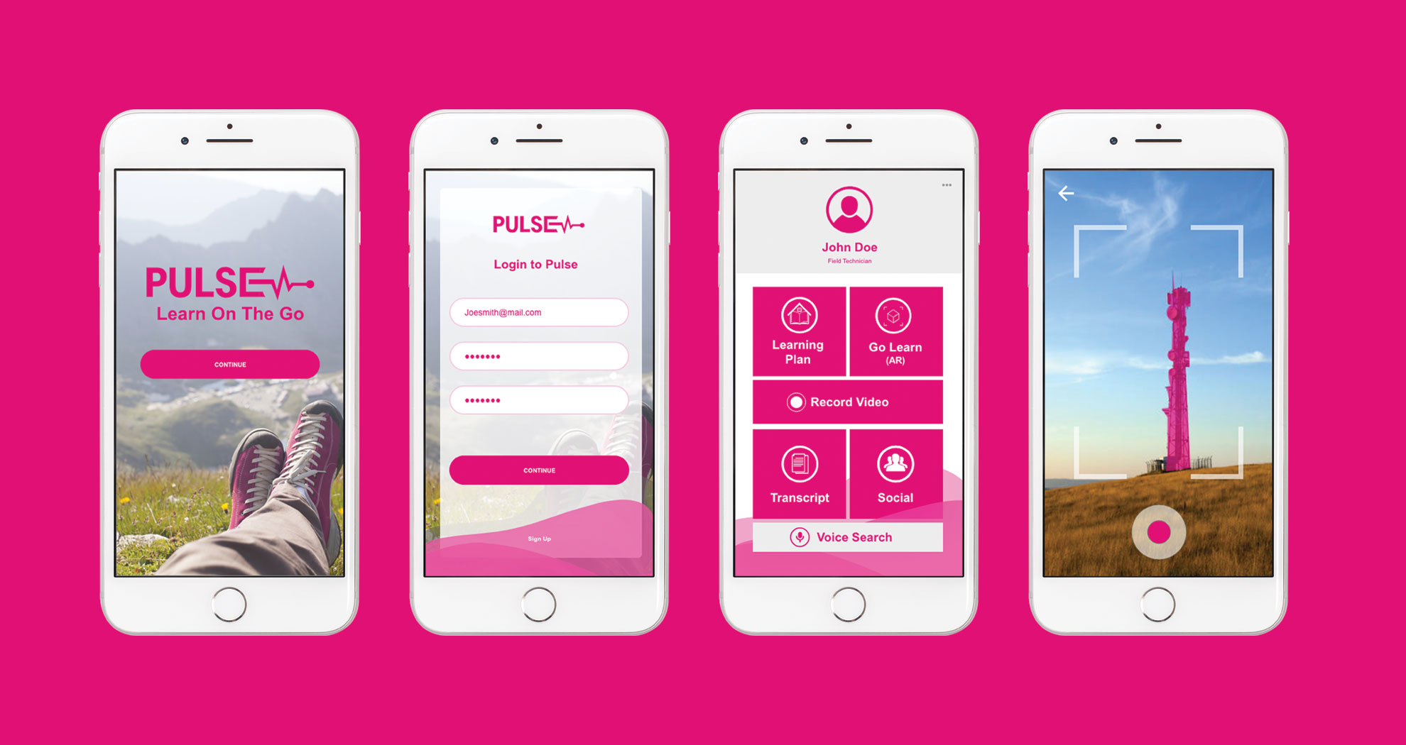Four screens of the Pulse prototype: a 'Learn on the go' splash screen, a login, a home grid with Learning Plan, Go Learn (AR), Record Video, Transcript, Social and Voice Search, and a camera view scanning a cell tower.