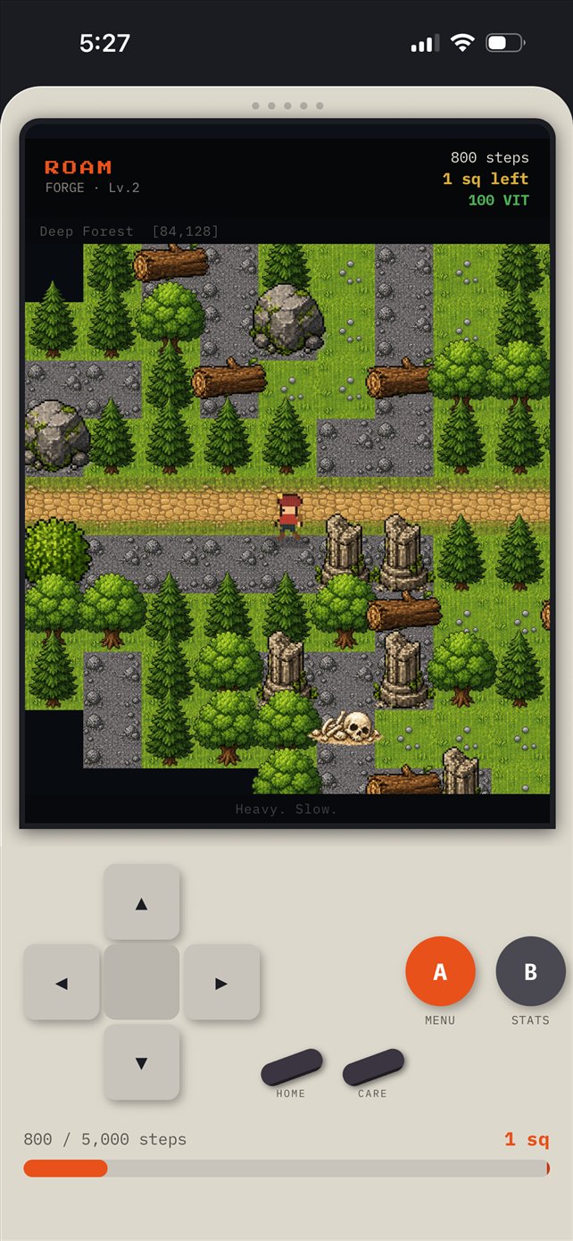 The map in a forest region, framed by the handheld shell with its D-pad and A and B buttons.