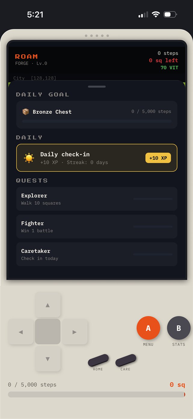 Daily goal and quests: 5,000 steps opens the chest.