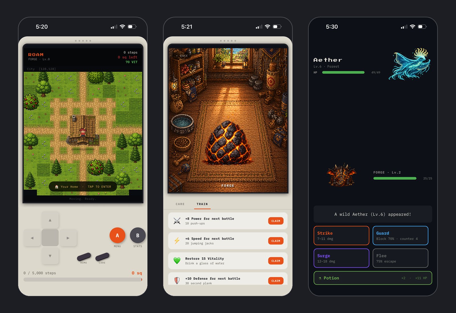 Three ROAM screens: the world map in a handheld-console frame, a companion egg, and a battle.