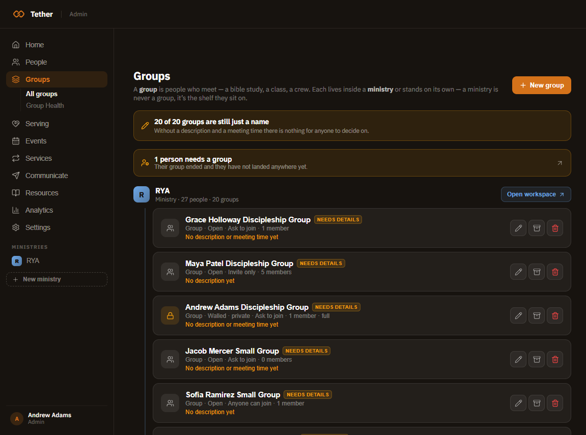 The Groups page in the staff console. A note explains that a ministry is never a group, it is the shelf groups sit on. The ministry appears as a header, with its groups listed beneath it, each flagged when it still needs a description or meeting time.