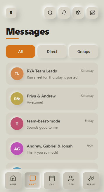 Messages: group chats and direct messages in one list.