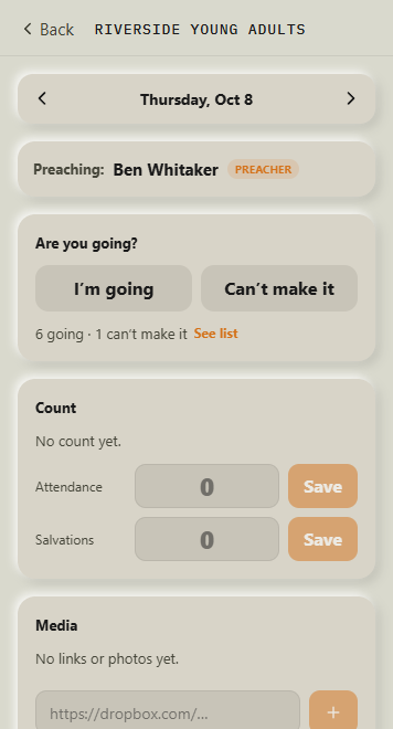 A service: who’s preaching, who’s coming, and the count.
