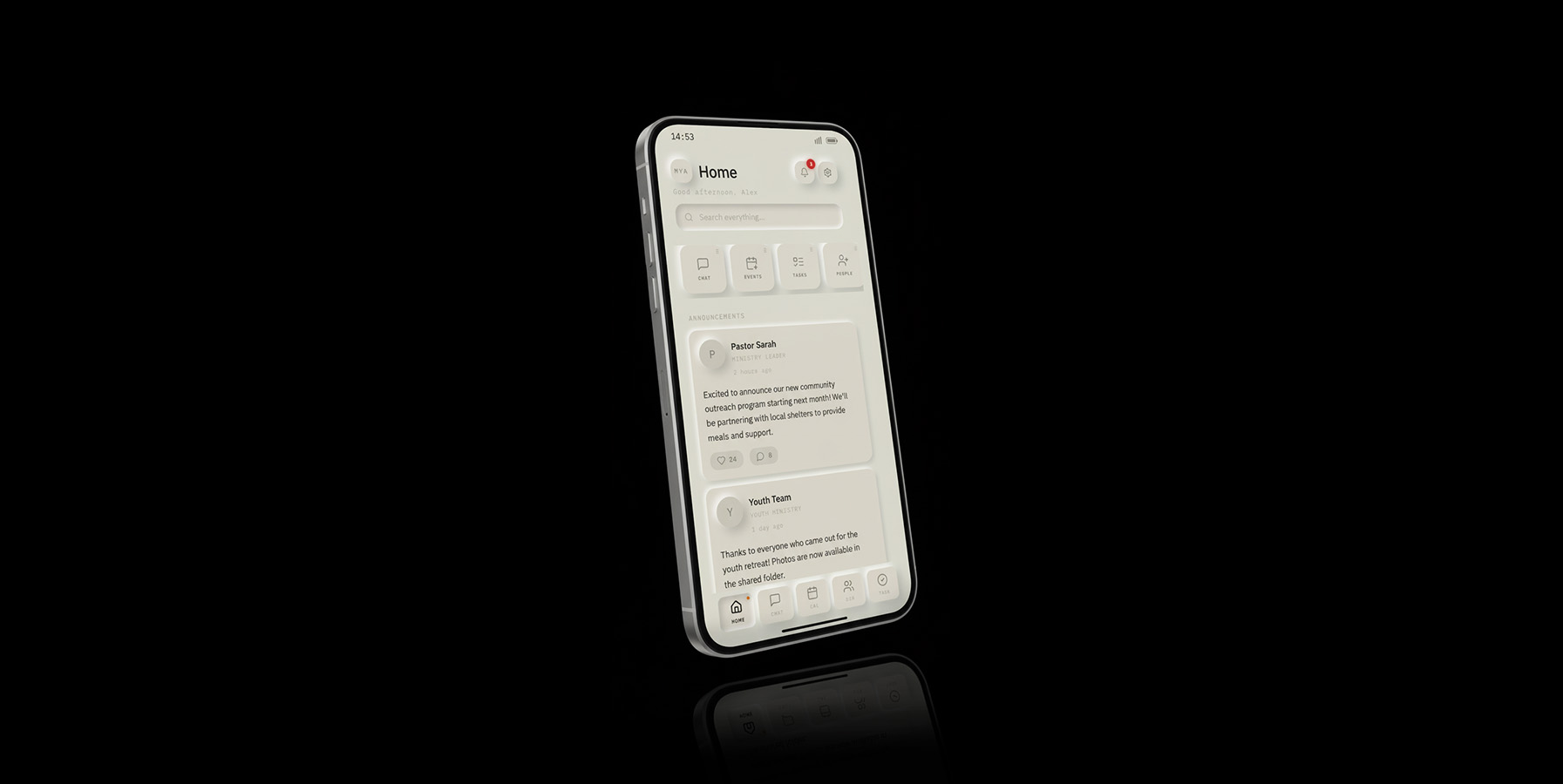 An early concept render of the Tether member app: a soft neutral home screen with chat, events, tasks and people shortcuts above announcement cards.